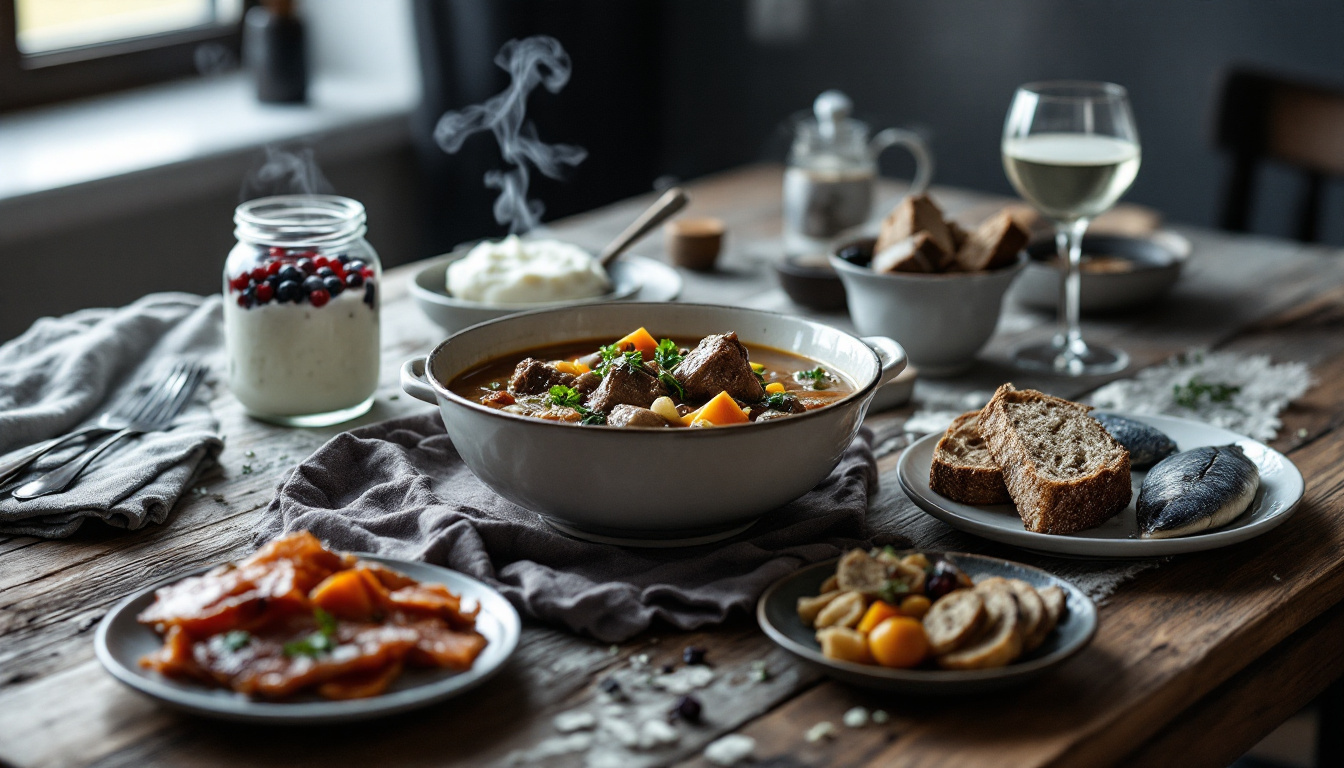 Typisch isländisches Essen probieren: Lammsuppe, Skyr, Roggenbrot und Fisch auf Holztisch