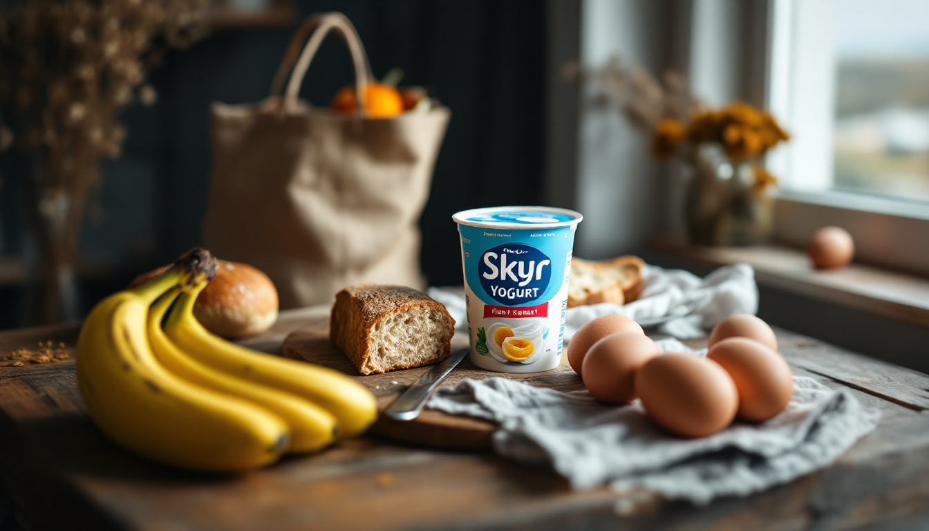 Was kostet Essen in Island: isländische Lebensmittel wie Skyr, Brot und Eier auf einem Holztisch